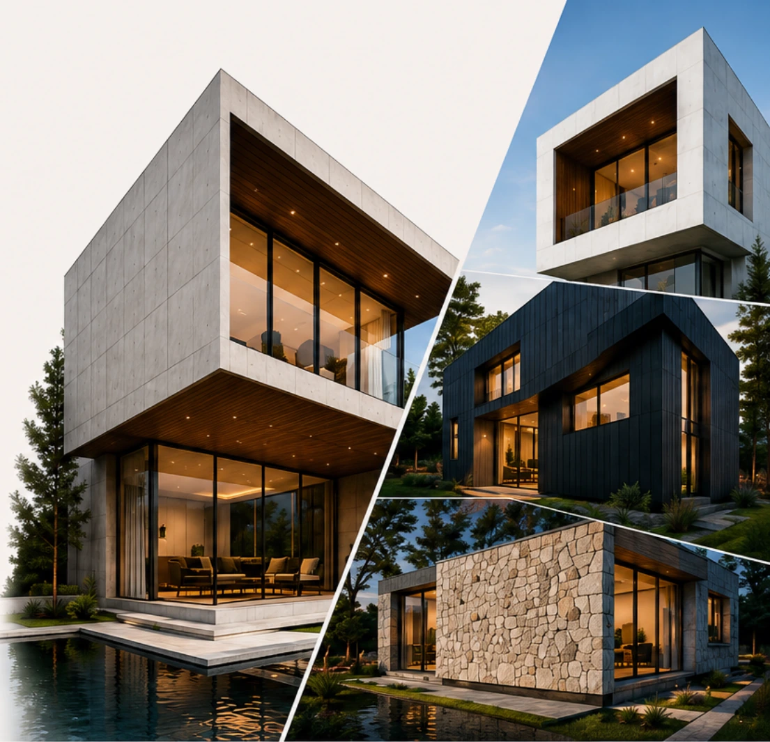 Four contemporary EBOS homes showing concrete, dark-panel and stone architectural expressions