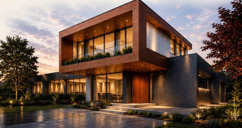 Modern completed EBOS residence at dusk